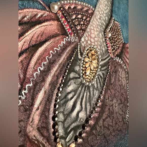 Victorian flamingo handpainted rhinestones cropped denim TGLA Jean jacket sz LG - Picture 11 of 16